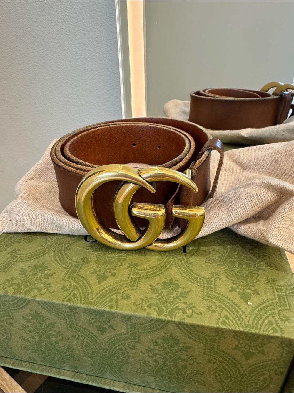 Gucci Brown Leather Belt with Gold Double-G Buckle- 80